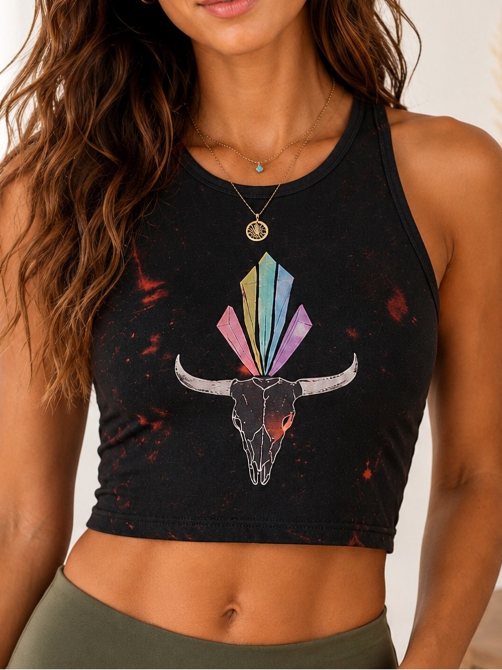 Teeki Black Bleached Crop Tank Bull Skull Crystal Graphic XS/S